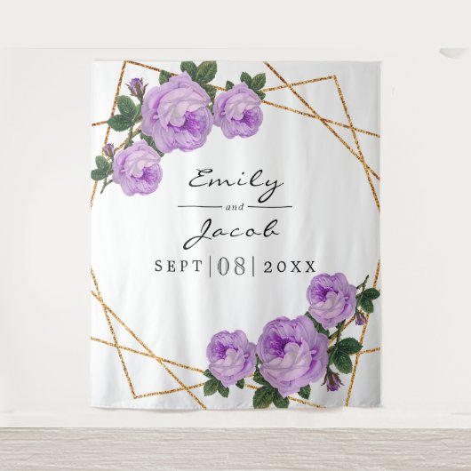 金ゴールドグリッターGeo Purpleフローラ写真の背景の記号 タペストリー (正面)