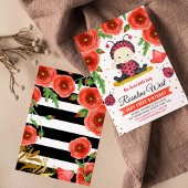 金ゴールドグリッターIレディバグ水の色最初の誕生日 招待状