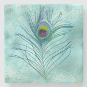 金ゴールドグリッツアクアピーコックフェザー ストーンコースター (正面)