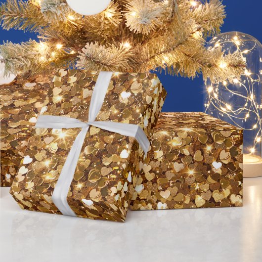 金ゴールドグリッツグラムスパークルハート ラッピングペーパー (クリスマス)