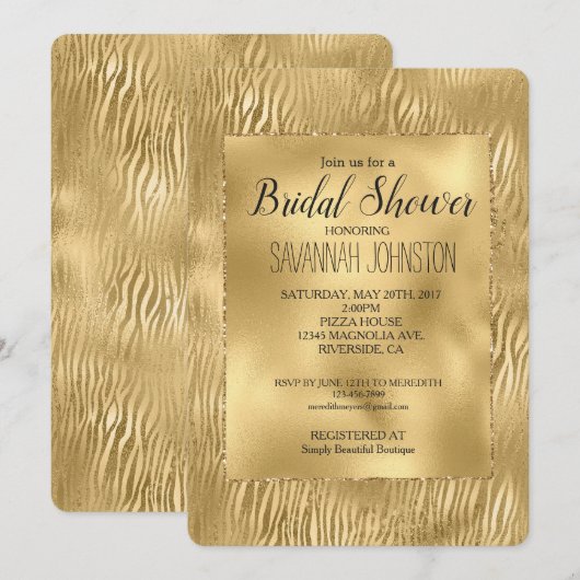 金ゴールドグリッツゼブラプリントブライダルシャワー 招待状 (正面/裏面)