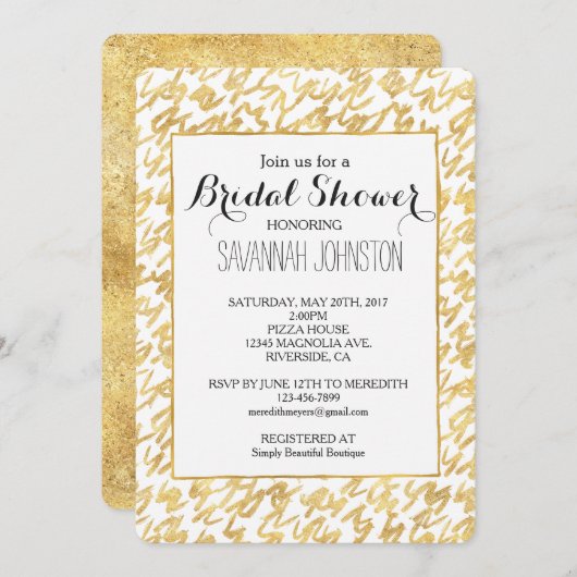 金ゴールドグリッツ抽象芸術スクイグレスブライダルシャワー 招待状 (正面/裏面)