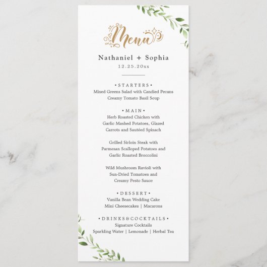 金ゴールドグリーンウォーター結婚カラーのディナーメニュー メニュー (正面)