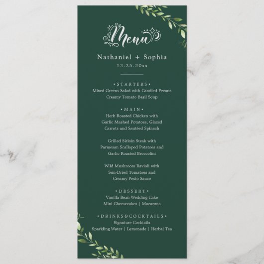 金ゴールドグリーンウォーター結婚カラーのディナーメニュー メニュー (正面)