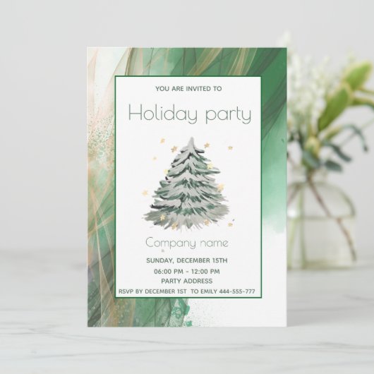 金ゴールドグリーンウォーター色の松の木クリスマスパーティー 招待状 (スタンド正面)