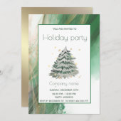 金ゴールドグリーンウォーター色の松の木クリスマスパーティー 招待状 (正面/裏面)