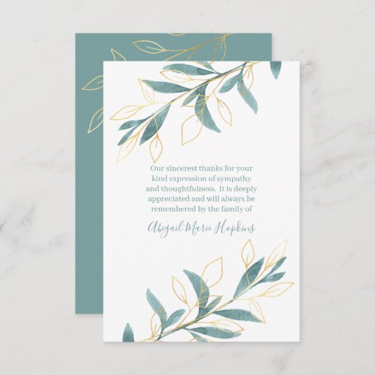 金ゴールドグリーンウォーター色フローラありがとう死別 サンキューカード (正面/裏面)
