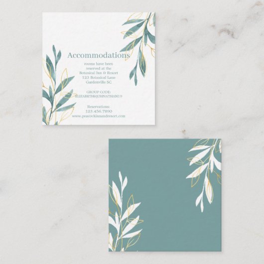 金ゴールドグリーンウォーター色フローラ結婚ズアコモデーション エンクロージャーカード (正面/裏面)