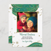 金ゴールドグリーンウォーター色Geodeゲート写真クリスマス シーズンカード (正面/裏面)