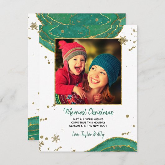 金ゴールドグリーンウォーター色Geodeゲート写真クリスマス シーズンカード (正面/裏面)