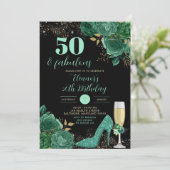 金ゴールドグリーンエメラルドスティレットヒールフローラ誕生日 招待状 (スタンド正面)