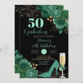 金ゴールドグリーンエメラルドスティレットヒールフローラ誕生日 招待状 (正面/裏面)