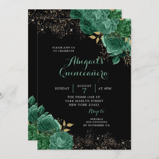 金ゴールドグリーンエメラルドフローラキンセアニラ招待状 招待状 (正面/裏面)