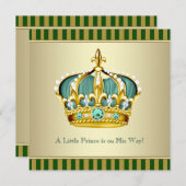 金ゴールドグリーンクラウンプリンス男の赤ちゃんシャワー 招待状 (正面/裏面)