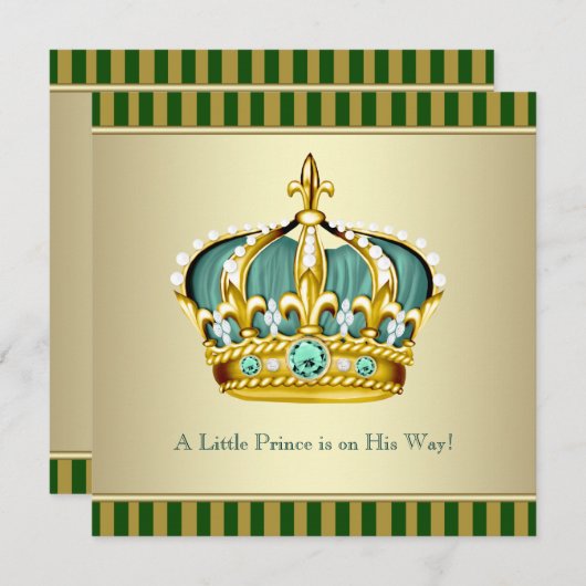 金ゴールドグリーンクラウンプリンス男の赤ちゃんシャワー 招待状 (正面/裏面)