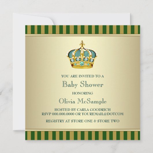 金ゴールドグリーンクラウンプリンス男の赤ちゃんシャワー 招待状 (裏面)