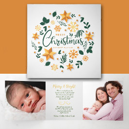 金ゴールドグリーンクリスマスリース3写真テンプレート 三つ折りクリスマスカード