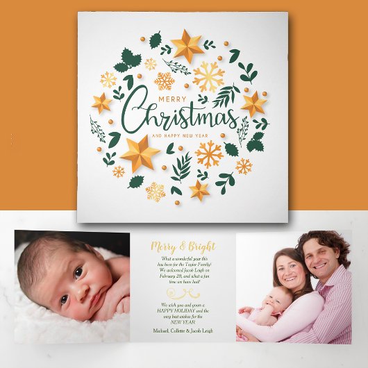 金ゴールドグリーンクリスマスリース3写真テンプレート 三つ折りクリスマスカード