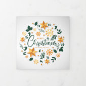 金ゴールドグリーンクリスマスリース3写真テンプレート 三つ折りクリスマスカード (カバー)