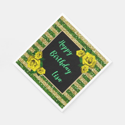 金ゴールドグリーングリッターストライプズイエローローズ誕生日 スタンダードランチョンナプキン (角)