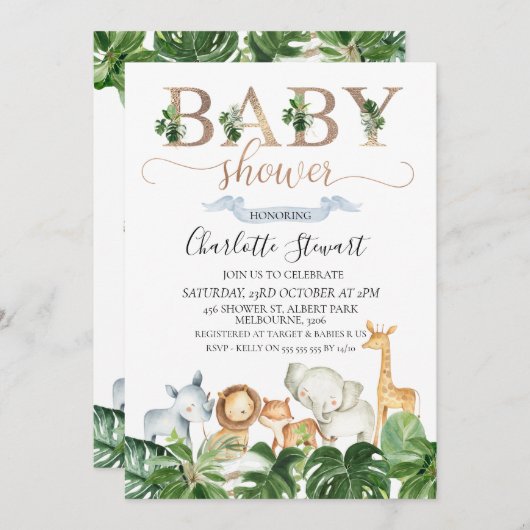 金ゴールドグリーンサファリアニマルズベビーシャワー招待状 招待状 (正面/裏面)