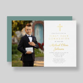 金ゴールドグリーンスクリプトボーイ写真第一聖餐会 箔招待状