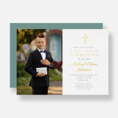 金ゴールドグリーンスクリプトボーイ写真第一聖餐会 箔招待状