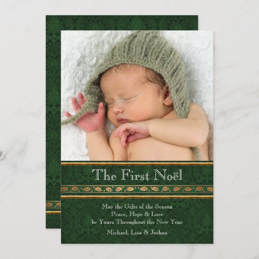 金ゴールドグリーンダマスクバビーズ初めてのクリスマスカード シーズンカード (正面/裏面)