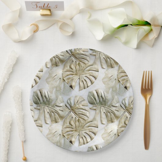 金ゴールドグリーントロピカル離れ ペーパープレート (ウェディング)