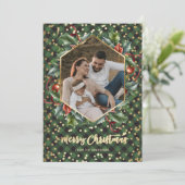 金ゴールドグリーンバッファロープレイドフォトクリスマスカード シーズンカード (スタンド正面)