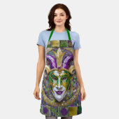 金ゴールドグリーンパープルマルディグラスジェスターマスク エプロン (着用した状態)