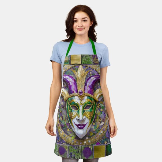 金ゴールドグリーンパープルマルディグラスジェスターマスク エプロン (着用した状態)