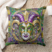 金ゴールドグリーンパープルマルディグラスジェスターマスク クッション (ブランケット)