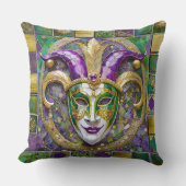 金ゴールドグリーンパープルマルディグラスジェスターマスク クッション (正面)