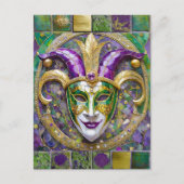金ゴールドグリーンパープルマルディグラスジェスターマスク ポストカード (正面)