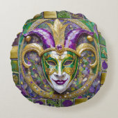 金ゴールドグリーンパープルマルディグラスジェスターマスク ラウンドクッション (正面)