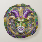 金ゴールドグリーンパープルマルディグラスジェスターマスク ラウンドクッション (裏面)