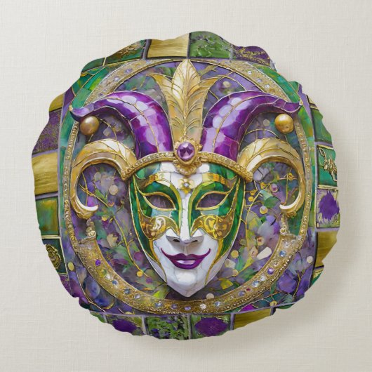 金ゴールドグリーンパープルマルディグラスジェスターマスク ラウンドクッション (裏面)