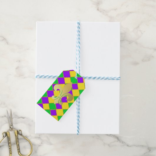 金ゴールドグリーンパープルマルディグラスハーレキンパターン ギフトタグ (より糸付き)