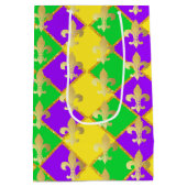 金ゴールドグリーンパープルマルディグラスハーレキンパターン ミディアムペーパーバッグ (裏面)