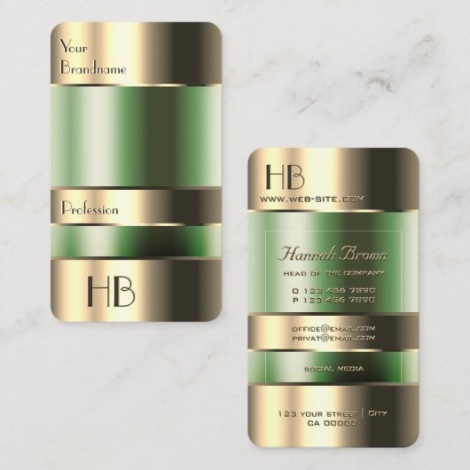 金ゴールドグリーンビンフェイク版木、銅版、版画フォントとイニシャル 名刺 (正面/裏面)