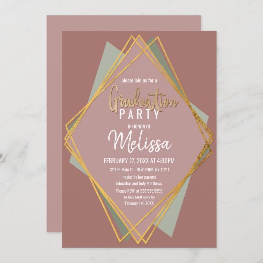 金ゴールドグリーンピンクとムーブの幾何学的卒業 招待状 (正面/裏面)