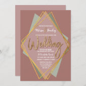 金ゴールドグリーンピンクとメイヴジオメトリック結婚ス 招待状 (正面/裏面)