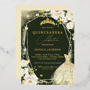 金ゴールドグリーンフローラティアラドレスキンセアニェラ 箔招待状