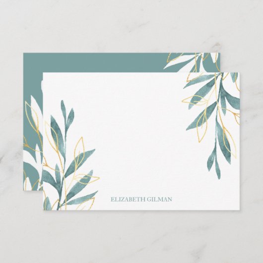 金ゴールドグリーンフローラパーソナライズされた文具 サンキューカード (正面/裏面)