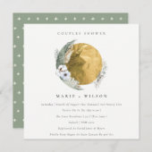金ゴールドグリーンフローラリースカップルシャワー招待状 サンキューカード (正面/裏面)