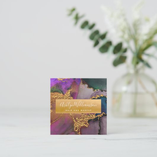 金ゴールドグリーンブルー大理石モダンの水彩色 スクエア名刺 (スタンド正面)