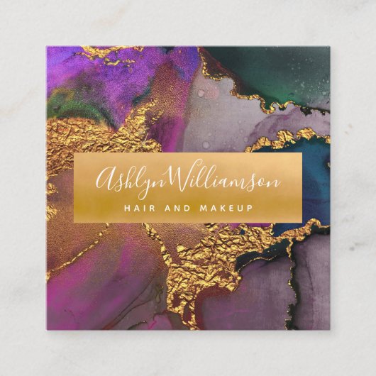 金ゴールドグリーンブルー大理石モダンの水彩色 スクエア名刺 (正面)