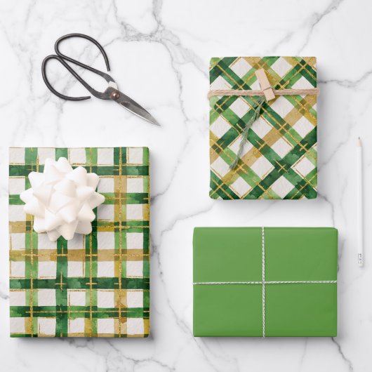 金ゴールドグリーンプレイドクリスマス ラッピングペーパーシート (正面)