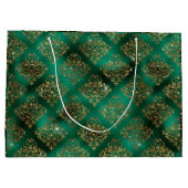 金ゴールドグリーンホリデークリスマスメタリックダマスク ラージペーパーバッグ (裏面)